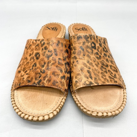 Sofft Womens 10M Slide Sandals Shoes Brown Leopard Print Leather Mules Boho Chic - Picture 4 of 13